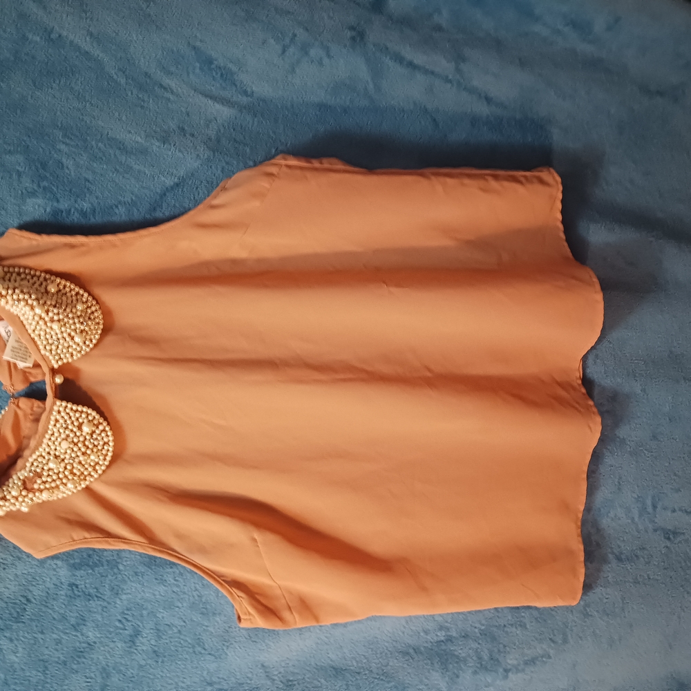 Elegant Tan Sleeveless Top with Pearl Collar
